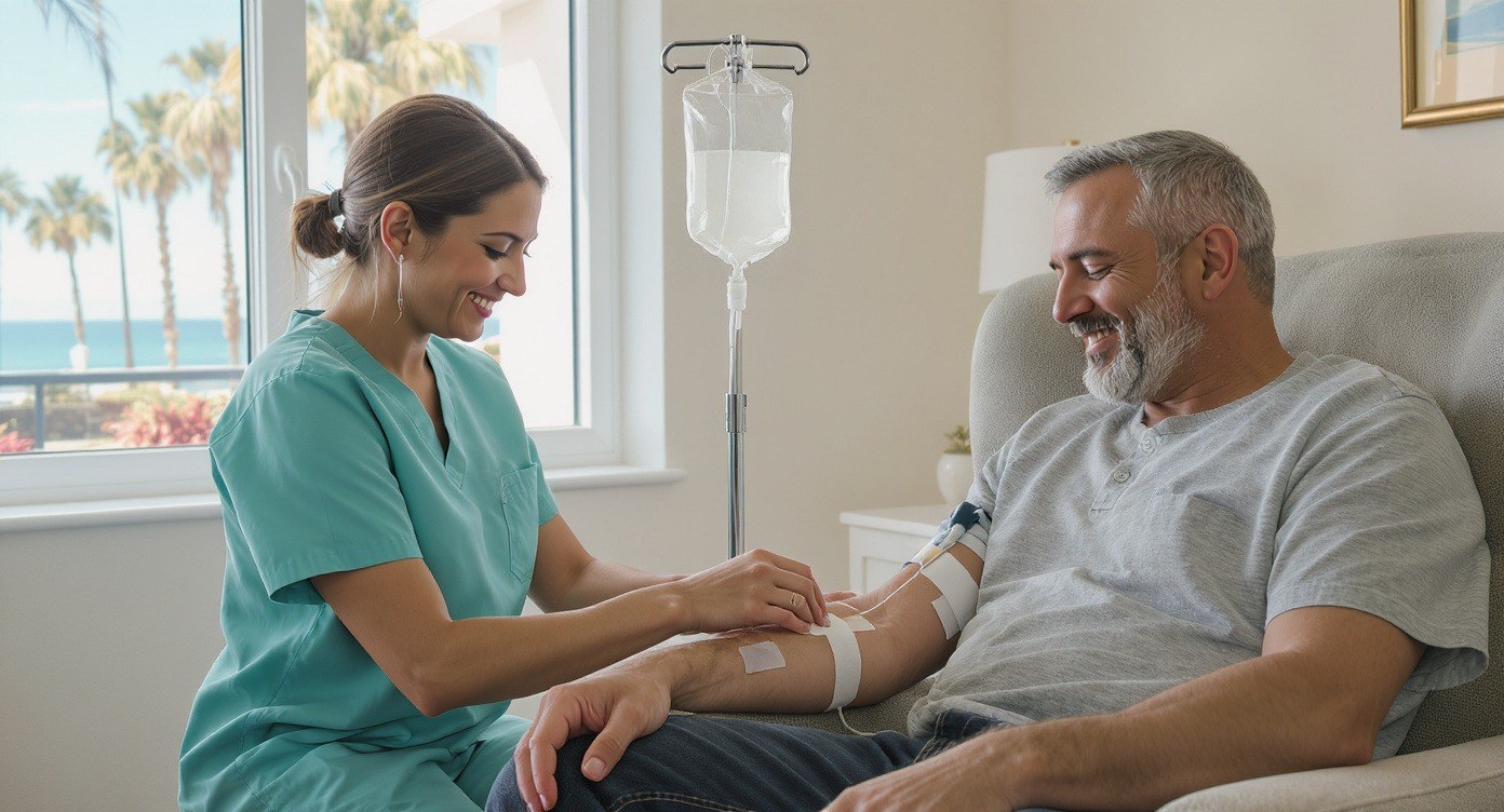 Patient relaxing while receiving a mobile IV therapy drip in San Diego
